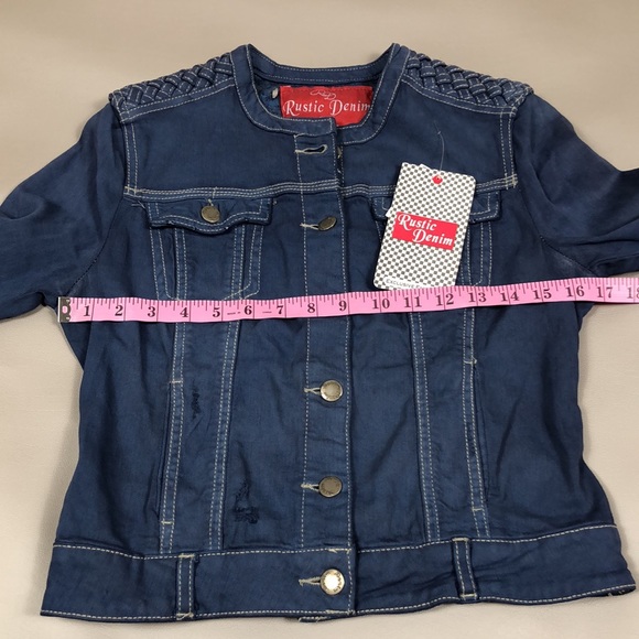 Rustic Denim Distressed Denim Jacket With Woven Leather Shoulder Size M Juniors - Picture 11 of 12